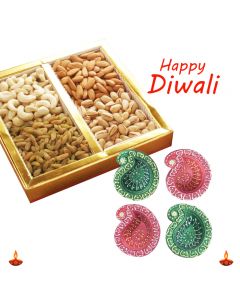 dry fruit gift box with 4 handcrafted diyas