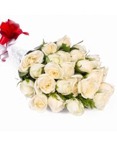 Bunch of 18 white roses with green fillers in beautifully wrapped