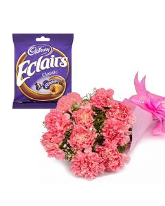 Bunch of 10 pink carnations with cadbury eclairs toffees Delivery in Delhi