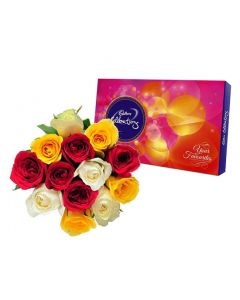Bunch of 12 mix colour roses with 140gm cadbury celebration box