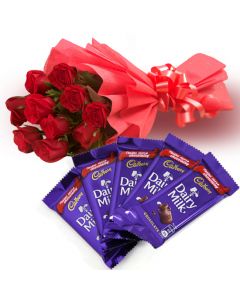 Bunch of 12 red roses with Cadburys Dairy Milk Chocolates