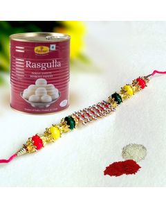 Colorful stone rakhi and Haldiram Rasgulla Tin combo