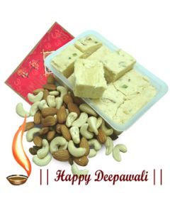 250 Gms mixed dry fruits with 250 Gms Haldiram Soan Papri & Deepawali greeting card.