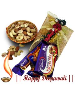 100 gms Dryfruit in a cane basket with 5 assorted chocolates in beautiful packing.