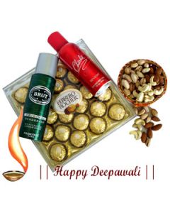 Ferrero Rocher with 100 gms dryfruits in basket with men and women deo make a perfect gift.