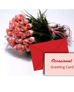 Tight bunch of 20 long stem pink roses with Greeting Card