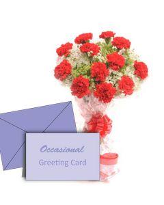 Bunch of 15 Red Carnations with Greeting card