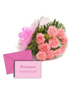 Bunch of  18 Pink Carnations with fillers in pink ribbon with Greeting Card