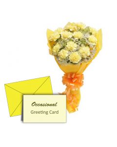 Bunch of 15 yellow carnations with Greeting Card