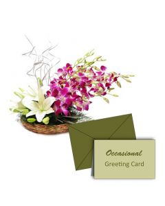 Long lasting 6 purple orchids accompanying 2 snowy white lilies With Greeting Card