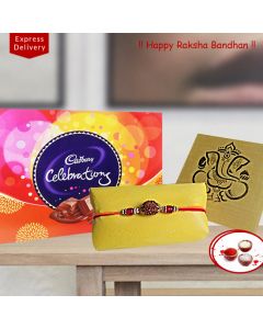 Rudraksha Rakhi and Cadbury Celebrations Gift Pack 142gm (Assorted Chocolates)