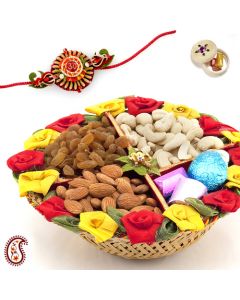 Handcrafted Cane Bowl with Chocolates Dryfruits and FREE Rakhi and Tilak DGSRWD01