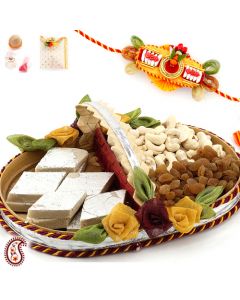 Handcrafted Cane Tray with Katli Dryfruits and FREE Rakhi and Tilak DGSRWD02