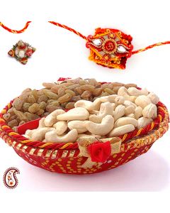 Handcrafted Cane Bowl with Dryfruits and FREE Rakhi and Tilak DGSRWD03