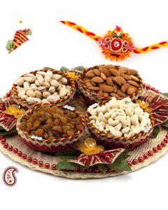 Handcrafted Cane Tray with Dryfruits and FREE Rakhi and Tilak DGSRWD05