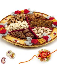 Handcrafted Cane Tray with Dryfruits and FREE Rakhi and Tilak DGSRWD06