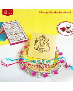 2 Designer Rakhis with Pink & white Stone Puja Thali with 1kg Kaju Katli sweets Hamper for Brothers