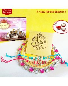 2 Designer Rakhis with Pink & white Stone Puja Thali with 1kg Kaju Roll sweets Hamper for Brothers