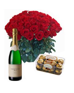 Send 18 red roses bunch together with delicious 200gm Ferro rocher chocolates and a bottle of branded champagne 