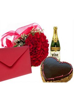 Wish a bright and Happy New Year to your loved ones with this New Year gift hamper which includes : 18 Red Roses Bunch along with delicious 1/5 Kg Heart shape Chocolate Cake and Bottle of Branded Wine with New Year Greeting Card.