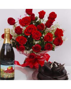 Showcase your distinctive taste for high quality extravagance and luxury with this dynamic haute hamper of 18 red roses along with a branded wine bottle and 500gm chocolate cake.