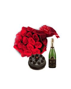 Bunch of 18 Red Roses in red paper packing with red ribbon bow, 500gm truffle Cake & bottle of branded Champagne.