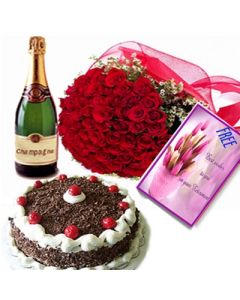If you want some romantic and stylish way to express your emotions then this Hamper is perfectly ideal for it. This Hamper includes : Bunch of 50 Red Roses along with 1/2 Kg Black Forest Cake and Bottle of Indian Branded Champagne with Free Greeting Card.