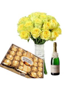 This Hamper has 24pcs of Ferrero Rocher, Branded Champagne & 18 Yellow Roses.