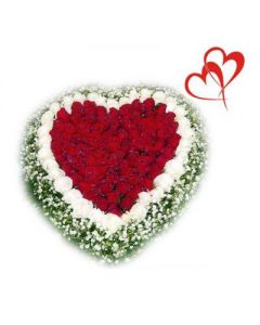 An arrangement of 100 red roses along with 50 white roses with seasonal fillers.