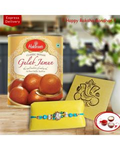 Classic Indian 1kg Gulab Jamun with a fancy and stylish blue colored rakhi for dearest brother