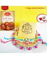 1kg Classic Indian Gulab Jamun with Designer Rakhis and Stone Puja Thali for Brothers